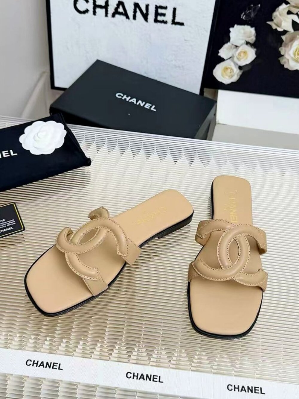 CHANEL Double C Logo Cutout Flat Slide Sandals